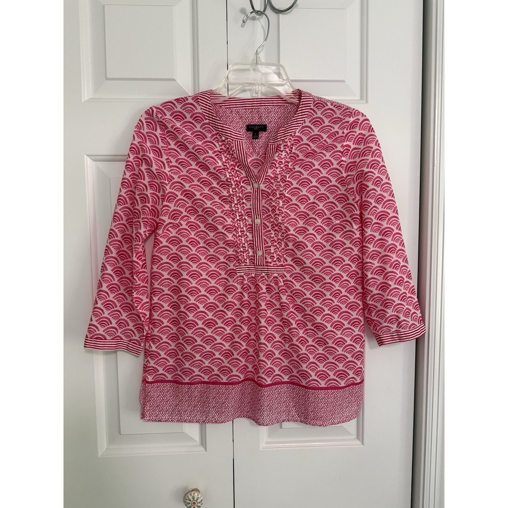 Talbots Pink & White Print Cotton Tunic Popover Top Petite Size P